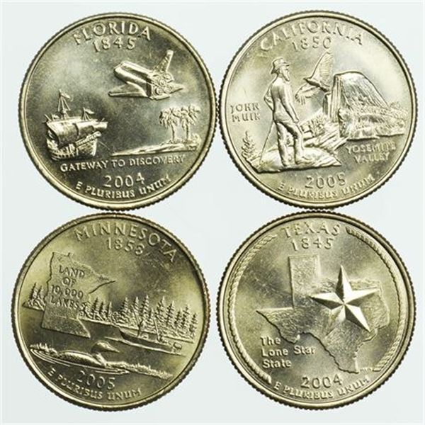 Group of 4 State Quarters FL 2004-D, TX 2004-D, MN 2005, CA 2005-D