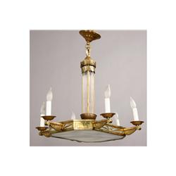 ART DECO BRONZE HANGING CHANDELIER GLASS 6 ARMS