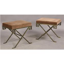 PAIR MODERN STEEL BENCHES VELVET UPHOLSTERED