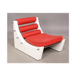 MODERN PAIR LARGE CHAIRS ROLLED RED CUSHION