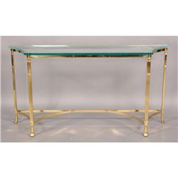 PAIR BRASS GLASS TOP CONSOLES SHAPED TOPS
