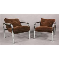 MODERN PAIR CHROME UPHOLSTERED LOUNGE CHAIRS
