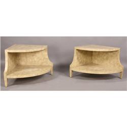 PAIR PARCHMENT COVERED 2 TIERED END TABLES