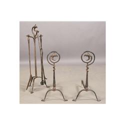 ANTIQUE HAND FORGED ANDIRONS FIREPLACE TOOLS