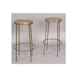 PAIR INDUSTRIAL BAR STOOLS WOOD SEATS BRASS BASE