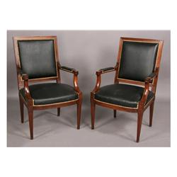 PAIR LOUIS XVI CARVED MAHOGANY ARM CHAIRS