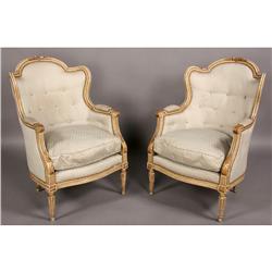 PAIR FRENCH CARVED PAINTED BERGERE CHAIRS