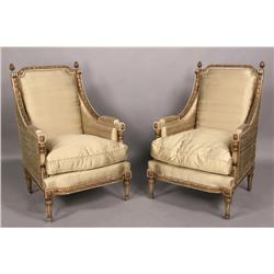 PAIR FRENCH CARVED PAINTED BERGERE CHAIRS