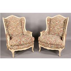 PAIR FRENCH CARVED PAINT DECORATED BERGERE CHAIRS