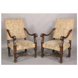 PAIR FRENCH RESTORATION CARVED OAK LIBRARY CHAIRS