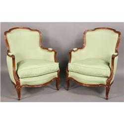 PAIR FRENCH CARVED WALNUT BERGERE CHAIRS