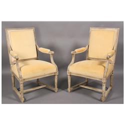 PAIR FRENCH LOUIS XVI STYLE CARVED ARM CHAIRS