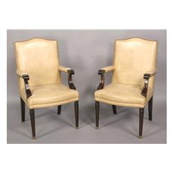 PAIR CARVED MAHOGANY LEATHER ARM CHAIRS
