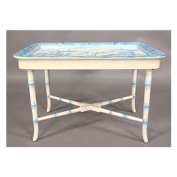 HANDPAINTED BLUE WHITE WILLOW PATTERN TRAY BAMBOO