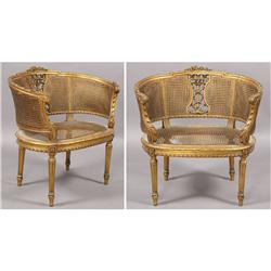 FRENCH GILT PAIR CHAIRS CARVED CREST RAIL