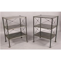 PAIR 3 TIERED BRASS TABLES GREEK KEY PAW FEET