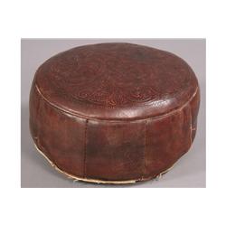 VINTAGE ROUND LEATHER OTTOMAN