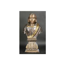ANTIQUE SILVERPLATE BRASS WOOD FIGURAL BUST SAINT