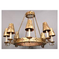 LARGE GILT IRON 8 ARM CHANDELIER HANGING LIGHT