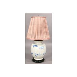 CHINESE BULBOUS GLAZED LAMP BLUE HORSES WOOD BASE