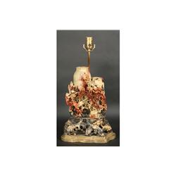 CARVED STONE ASIAN LAMP BIRD CARVING KOI