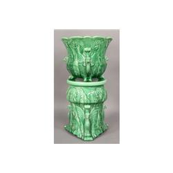 ENGLISH GREEN GLAZE MAJOLICA PLANTER ON PEDESTAL