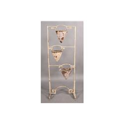 WROUGHT IRON CARVED WOOD STANDING PLANT HOLDER