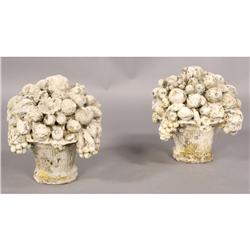PAIR CAST STONE COMPOTES FRUIT FLOWERS BASKET
