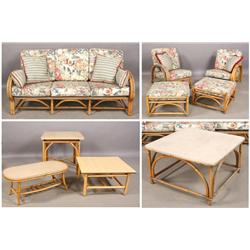 9 PC VINTAGE BAMBOO RATTAN STRIPED CUSHIONS