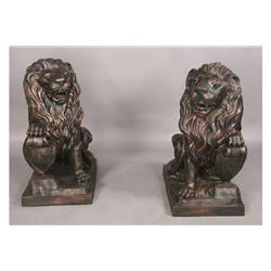 PAIR CAST IRON ENTRYWAY ESTATE LIONS SEATED