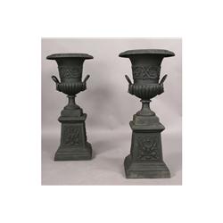 PAIR CAST IRON GARDEN URNS FIGURAL HANDLES