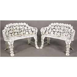 PAIR CAST IRON BENCHES GARDEN GRAPE LEAF SEAT