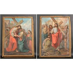 PAIR ANTIQUE RELIGIOUS OIL PAINTING CRUCIFIXION