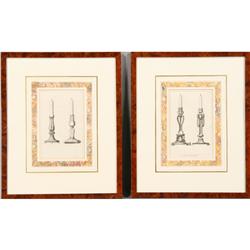 2 ANTIQUE ETCHINGS CHANDELIERS BURLWOOD FRAMES