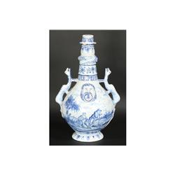 ANTIQUE DELFT STYLE BOTTLE LIZARD HANDLES SIGNED