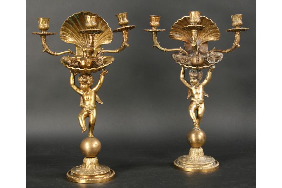 ANTIQUE PR CHERUB CLAM SHELL BRONZE CANDELABRA