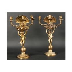 ANTIQUE PR CHERUB CLAM SHELL BRONZE CANDELABRA
