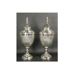 PAIR MIRRORED GLASS LIDDED URNS ETCHED