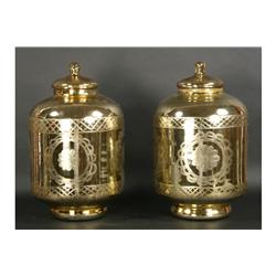 PAIR GILT MIRRORED LIDDED JARS ETCHED