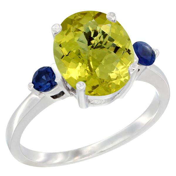 2.64 CTW Lemon Quartz & Blue Sapphire Ring 14K White Gold - REF-31M4K