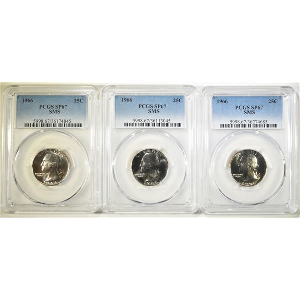 3 1966 WASHINGTON QUARTERS PCGS SMS SP67