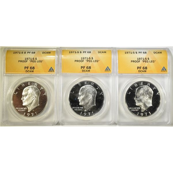 3 1971 S IKE $1 PEG LEG ANACS DCAM PF 68