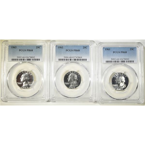 1961, 62 & 63 WASHINGTON QTRS PCGS PR-68