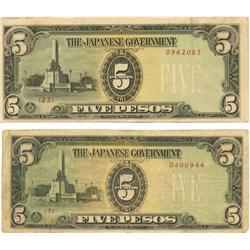 1943 WW2 Japanese Occupation 5 Pesos pair  (COI-1024)