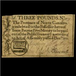 1771 North Carolina 3 Pound Colonial Note (COI-3227)