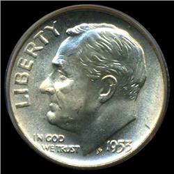 1953D Roosevelt Dime PCGS Graded Gem+ FB ERROR (COI-3784)