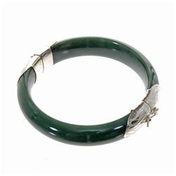 Jade Sterling Hinged Bangle Bracelet 