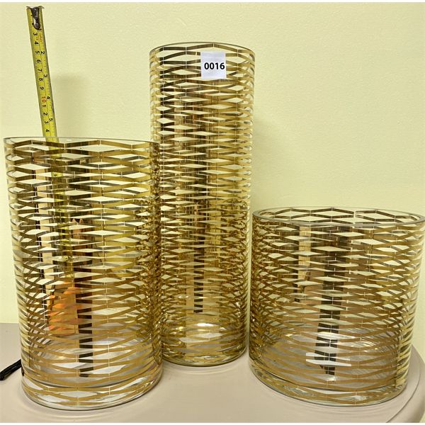 LOT OF 3 - GOLD ACCENTED GLASS VASES - TALLEST IS 14 in