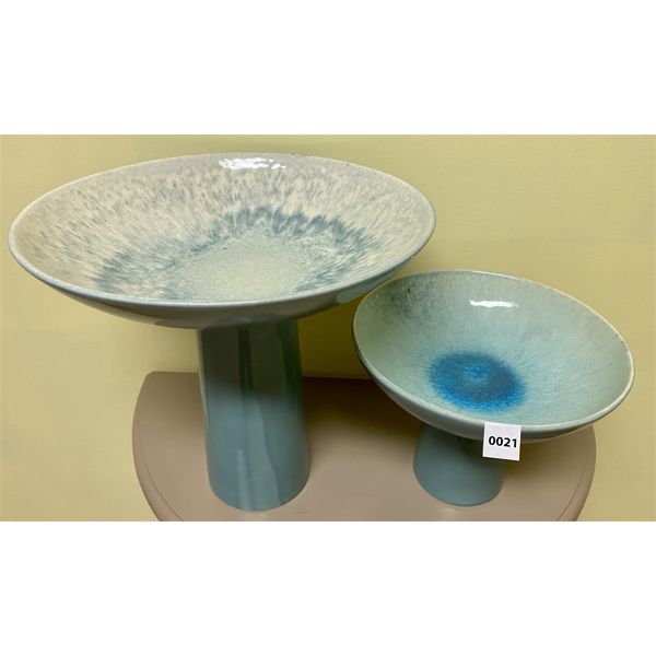 LOT OF 2 - FOOTED CHAMOMILE BOWLS - TURQUOISE TONES - 12 in TALL