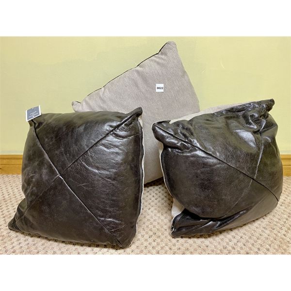LOT OF 3 - GRAFUS THROW PILLOWS - DISTRESSED MOCHA LEATHER - NEW